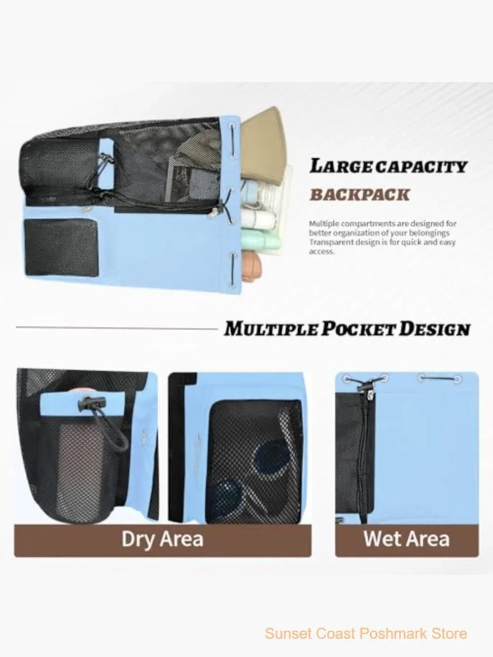 Waterproof Mesh Beach Backpack with Wet Pocket Drawstring Sport Bag